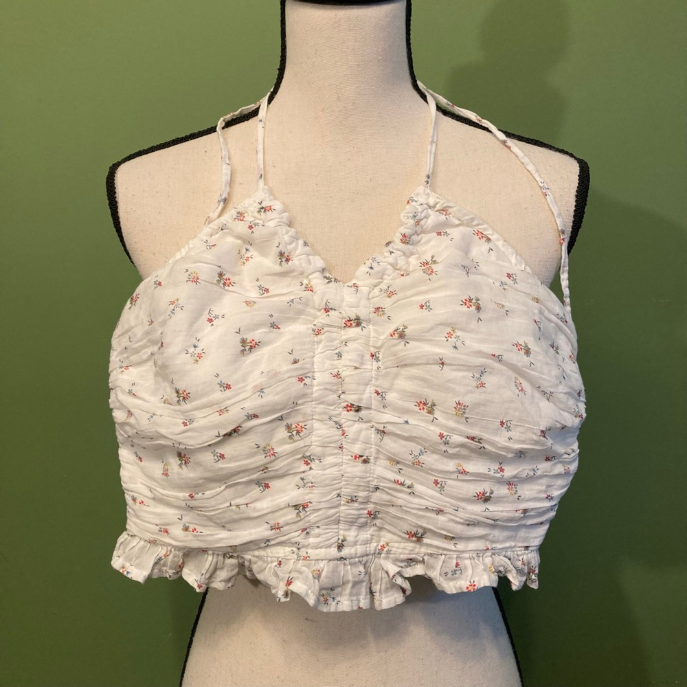 Women's American Eagle White Floral Halter Ruched Crop Top S